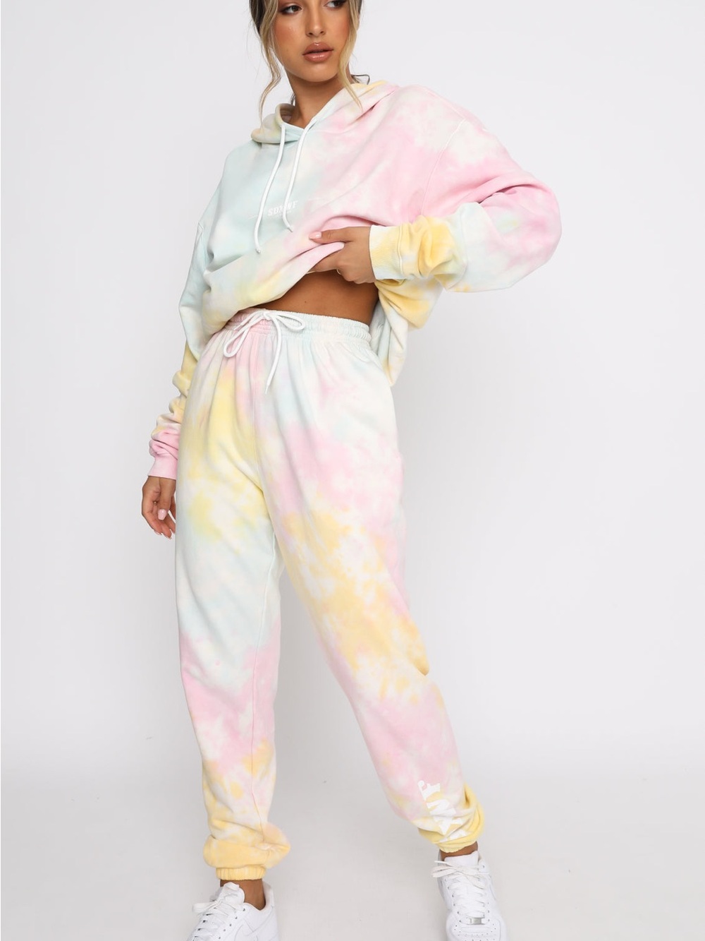 White Fox Pastel Tie Dye Hoodie L & Joggers M Set